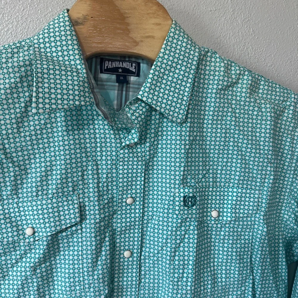 Panhandle Western Pearl Snap Shirt Turquoise Geometric Print Long Sleeve Mens XL